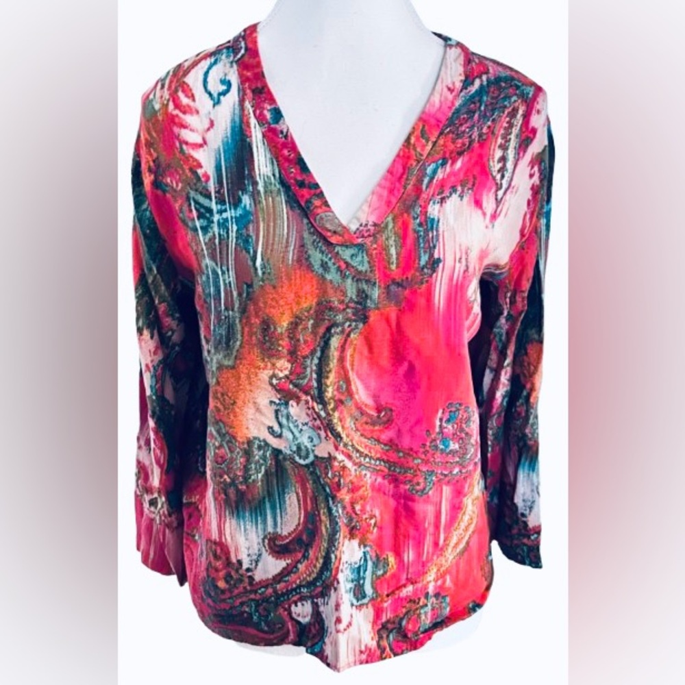 Natori Red Pink Blue Paisley V-Neck Blouse Abstract Shirt Top Boho Multi Large